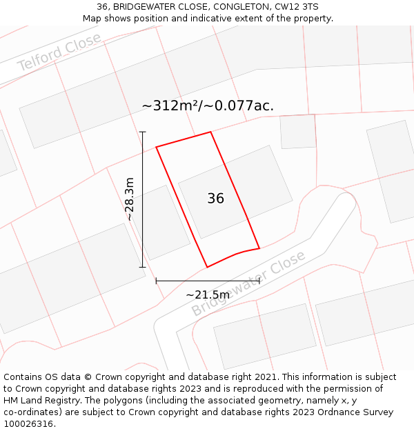 36, BRIDGEWATER CLOSE, CONGLETON, CW12 3TS: Plot and title map