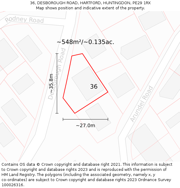 36, DESBOROUGH ROAD, HARTFORD, HUNTINGDON, PE29 1RX: Plot and title map