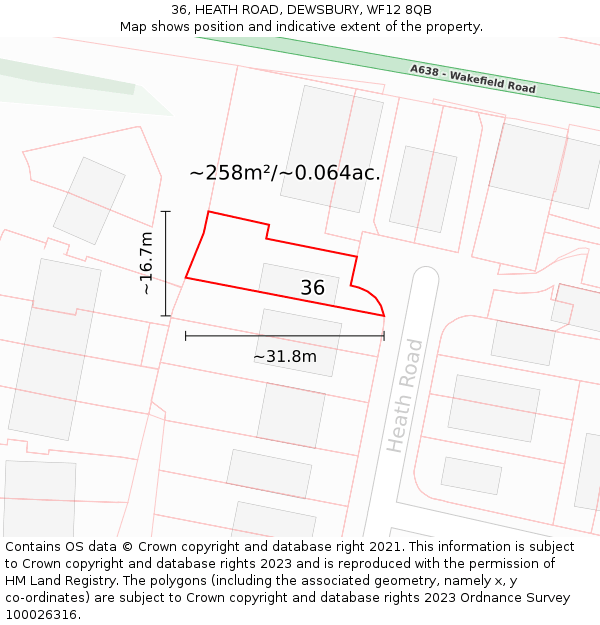 36, HEATH ROAD, DEWSBURY, WF12 8QB: Plot and title map