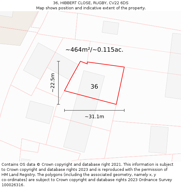 36, HIBBERT CLOSE, RUGBY, CV22 6DS: Plot and title map