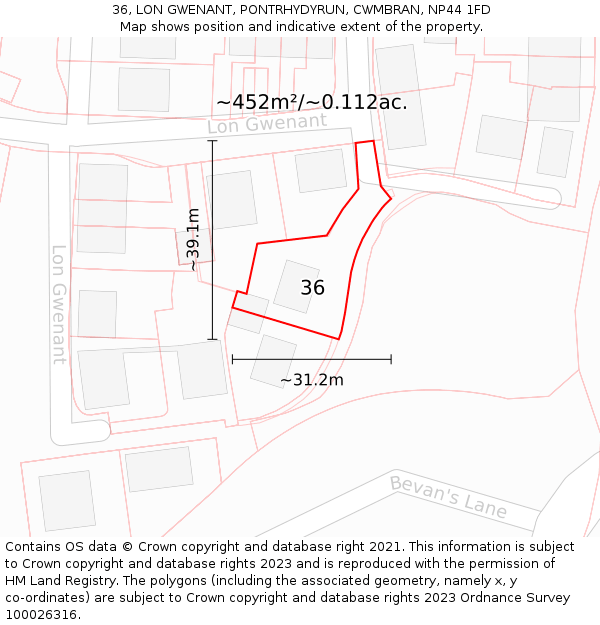 36, LON GWENANT, PONTRHYDYRUN, CWMBRAN, NP44 1FD: Plot and title map