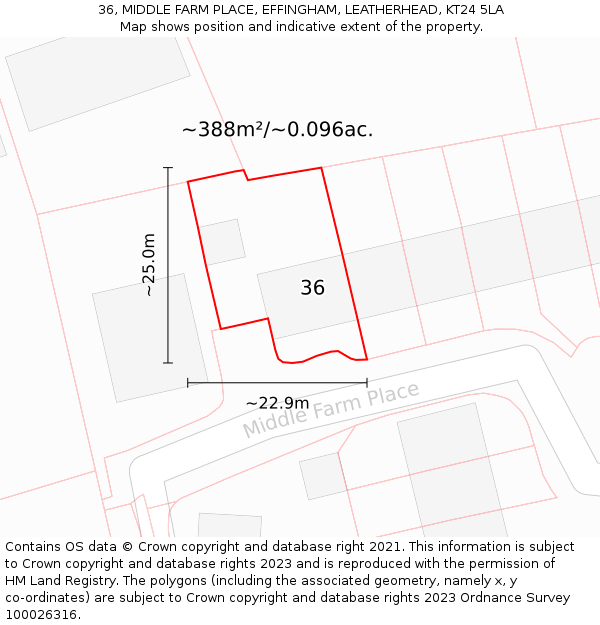 36, MIDDLE FARM PLACE, EFFINGHAM, LEATHERHEAD, KT24 5LA: Plot and title map