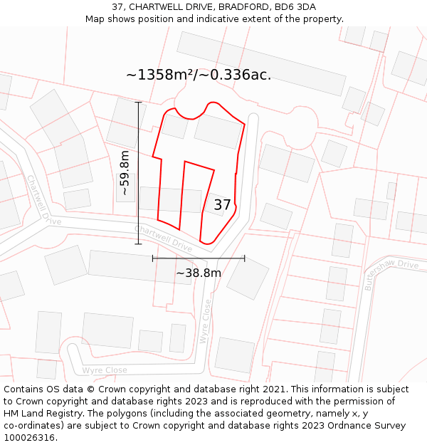 37, CHARTWELL DRIVE, BRADFORD, BD6 3DA: Plot and title map