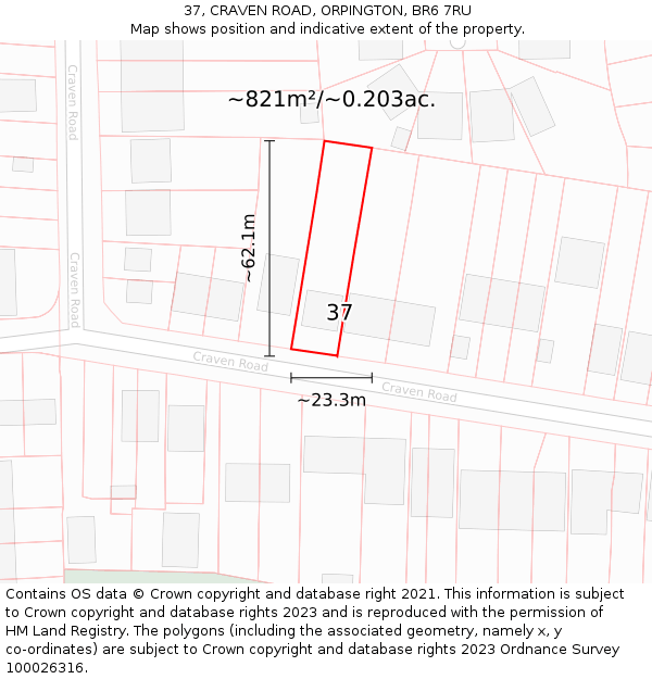 37, CRAVEN ROAD, ORPINGTON, BR6 7RU: Plot and title map