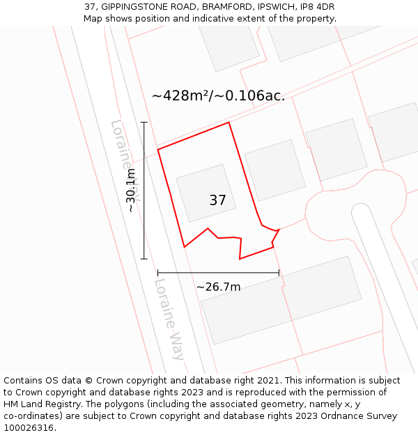 37, GIPPINGSTONE ROAD, BRAMFORD, IPSWICH, IP8 4DR: Plot and title map