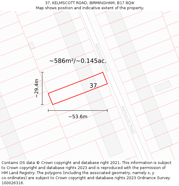 37, KELMSCOTT ROAD, BIRMINGHAM, B17 8QW: Plot and title map