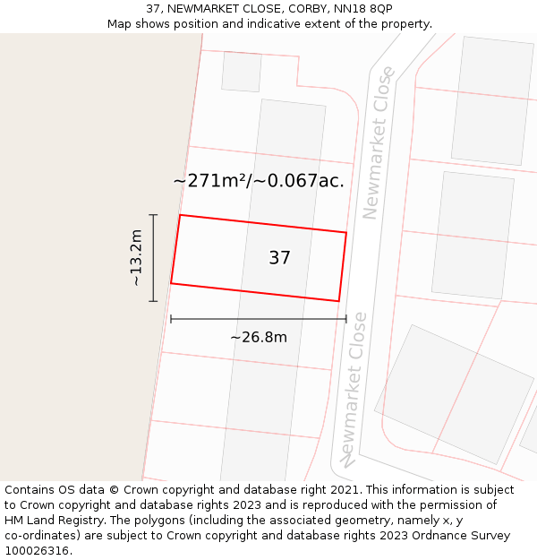 37, NEWMARKET CLOSE, CORBY, NN18 8QP: Plot and title map