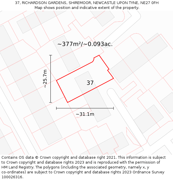 37, RICHARDSON GARDENS, SHIREMOOR, NEWCASTLE UPON TYNE, NE27 0FH: Plot and title map