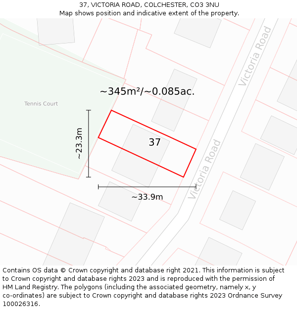 37, VICTORIA ROAD, COLCHESTER, CO3 3NU: Plot and title map