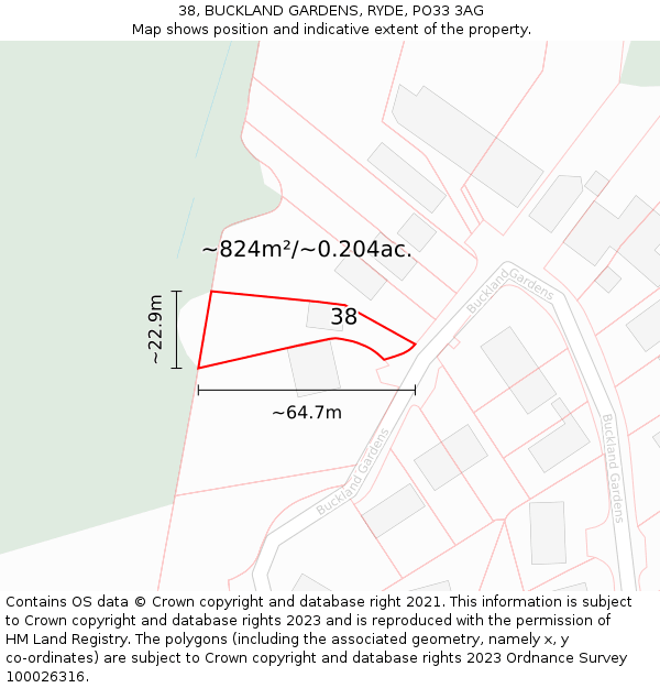 38, BUCKLAND GARDENS, RYDE, PO33 3AG: Plot and title map