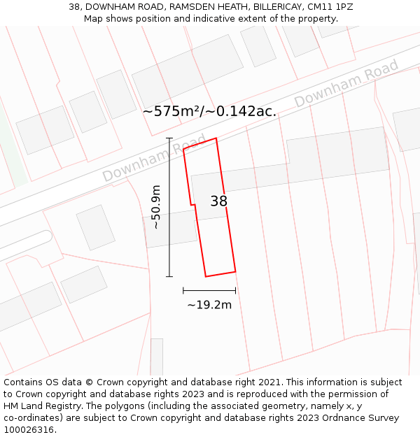 38, DOWNHAM ROAD, RAMSDEN HEATH, BILLERICAY, CM11 1PZ: Plot and title map