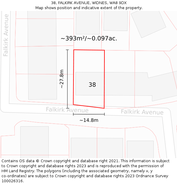 38, FALKIRK AVENUE, WIDNES, WA8 9DX: Plot and title map