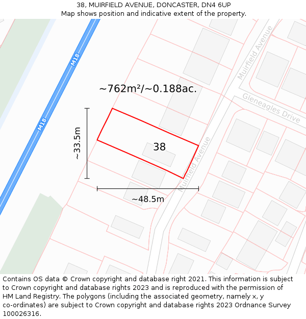 38, MUIRFIELD AVENUE, DONCASTER, DN4 6UP: Plot and title map