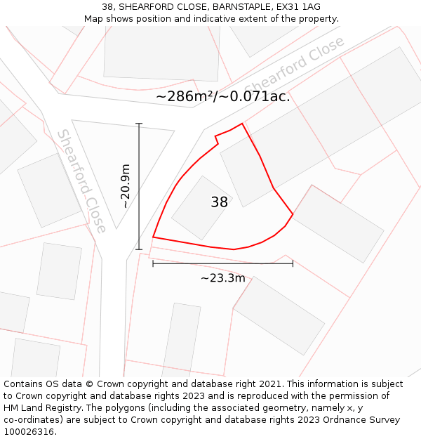 38, SHEARFORD CLOSE, BARNSTAPLE, EX31 1AG: Plot and title map