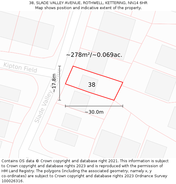 38, SLADE VALLEY AVENUE, ROTHWELL, KETTERING, NN14 6HR: Plot and title map