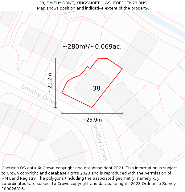 38, SMITHY DRIVE, KINGSNORTH, ASHFORD, TN23 3NS: Plot and title map