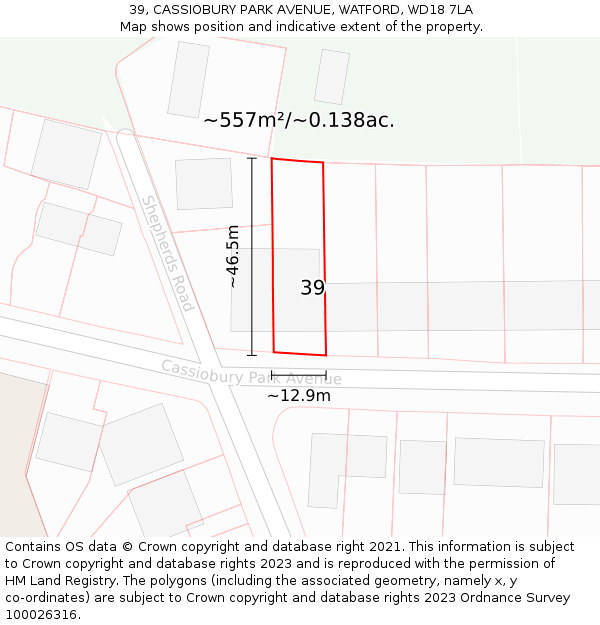 39, CASSIOBURY PARK AVENUE, WATFORD, WD18 7LA: Plot and title map