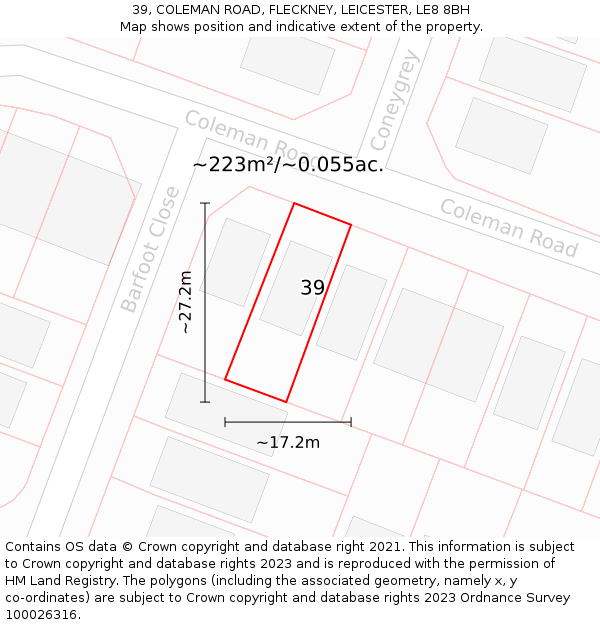 39, COLEMAN ROAD, FLECKNEY, LEICESTER, LE8 8BH: Plot and title map