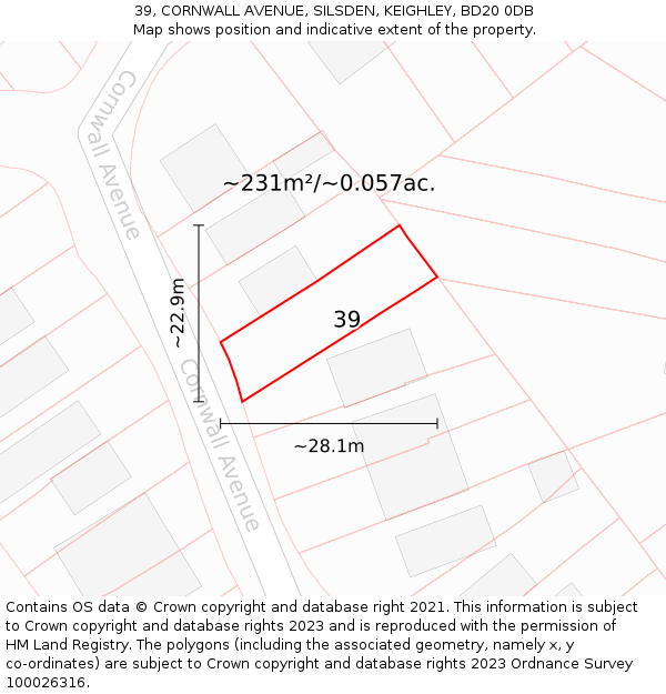 39, CORNWALL AVENUE, SILSDEN, KEIGHLEY, BD20 0DB: Plot and title map