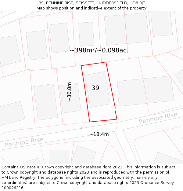 39, PENNINE RISE, SCISSETT, HUDDERSFIELD, HD8 9JE: Plot and title map