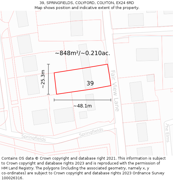 39, SPRINGFIELDS, COLYFORD, COLYTON, EX24 6RD: Plot and title map