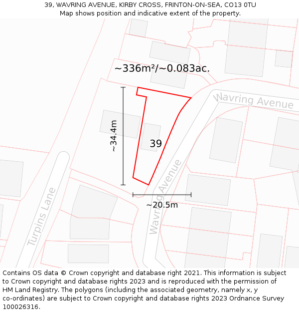 39, WAVRING AVENUE, KIRBY CROSS, FRINTON-ON-SEA, CO13 0TU: Plot and title map