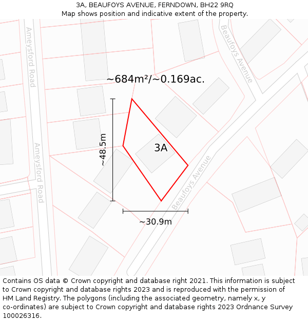 3A, BEAUFOYS AVENUE, FERNDOWN, BH22 9RQ: Plot and title map