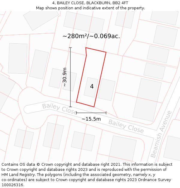 4, BAILEY CLOSE, BLACKBURN, BB2 4FT: Plot and title map