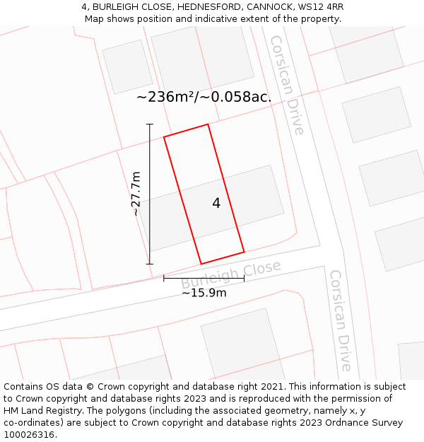 4, BURLEIGH CLOSE, HEDNESFORD, CANNOCK, WS12 4RR: Plot and title map