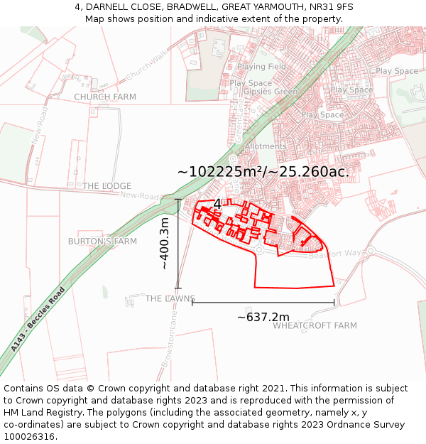 4, DARNELL CLOSE, BRADWELL, GREAT YARMOUTH, NR31 9FS: Plot and title map