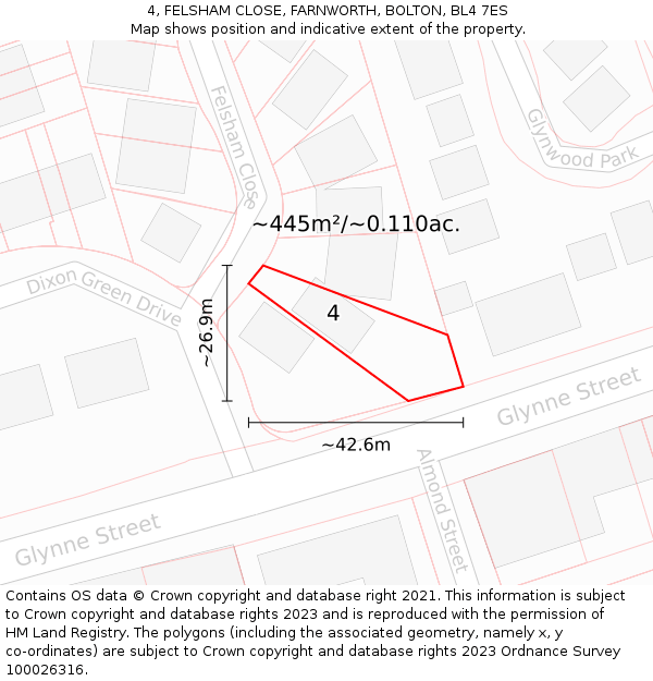 4, FELSHAM CLOSE, FARNWORTH, BOLTON, BL4 7ES: Plot and title map