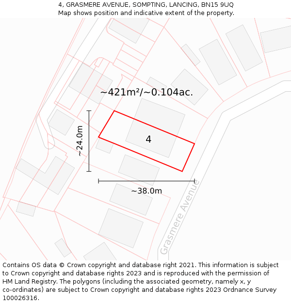 4, GRASMERE AVENUE, SOMPTING, LANCING, BN15 9UQ: Plot and title map