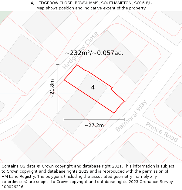 4, HEDGEROW CLOSE, ROWNHAMS, SOUTHAMPTON, SO16 8JU: Plot and title map