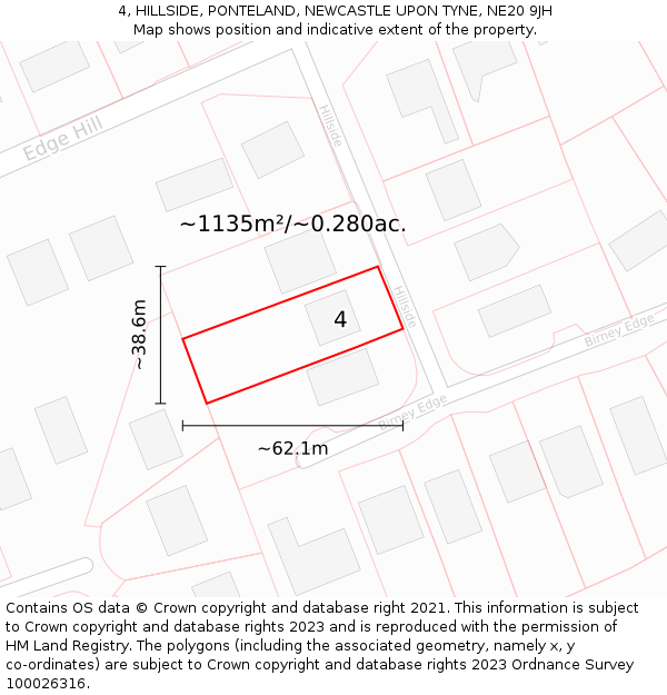 4, HILLSIDE, PONTELAND, NEWCASTLE UPON TYNE, NE20 9JH: Plot and title map