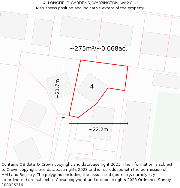 4, LONGFIELD GARDENS, WARRINGTON, WA2 8LU: Plot and title map