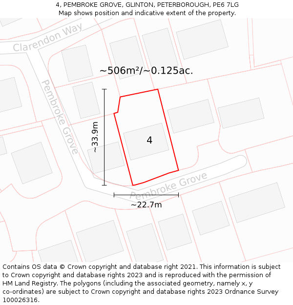 4, PEMBROKE GROVE, GLINTON, PETERBOROUGH, PE6 7LG: Plot and title map