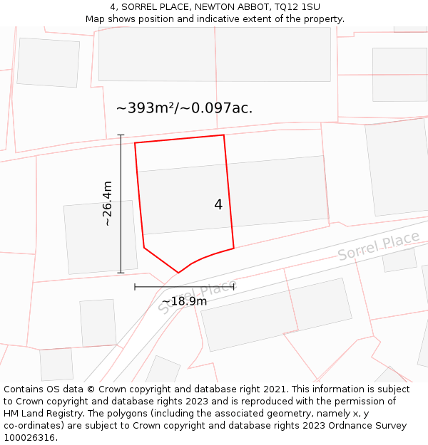 4, SORREL PLACE, NEWTON ABBOT, TQ12 1SU: Plot and title map