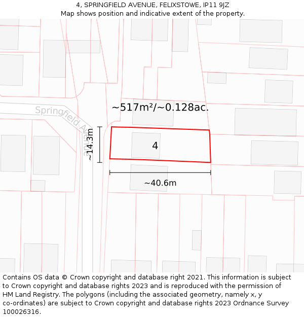 4, SPRINGFIELD AVENUE, FELIXSTOWE, IP11 9JZ: Plot and title map