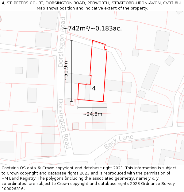 4, ST. PETERS COURT, DORSINGTON ROAD, PEBWORTH, STRATFORD-UPON-AVON, CV37 8UL: Plot and title map