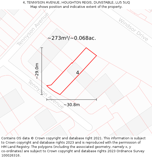 4, TENNYSON AVENUE, HOUGHTON REGIS, DUNSTABLE, LU5 5UQ: Plot and title map