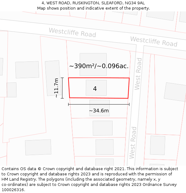 4, WEST ROAD, RUSKINGTON, SLEAFORD, NG34 9AL: Plot and title map