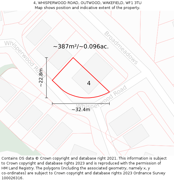 4, WHISPERWOOD ROAD, OUTWOOD, WAKEFIELD, WF1 3TU: Plot and title map