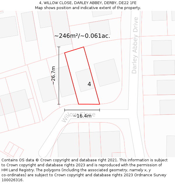 4, WILLOW CLOSE, DARLEY ABBEY, DERBY, DE22 1FE: Plot and title map