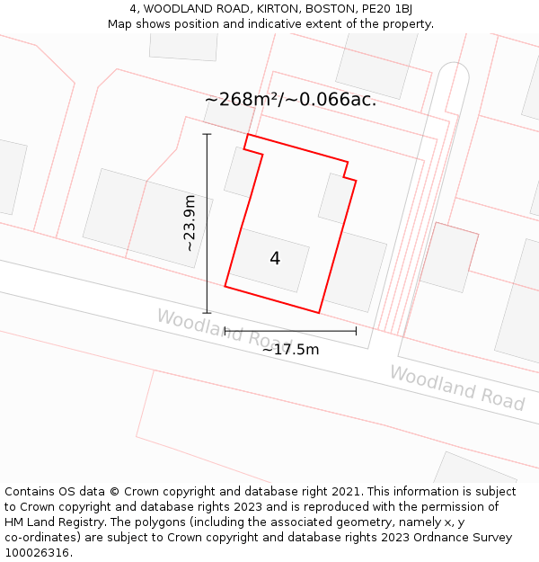 4, WOODLAND ROAD, KIRTON, BOSTON, PE20 1BJ: Plot and title map