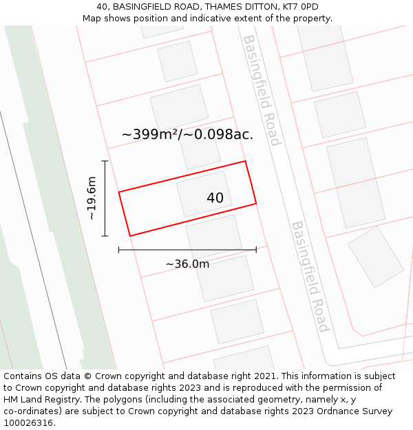 40, BASINGFIELD ROAD, THAMES DITTON, KT7 0PD: Plot and title map