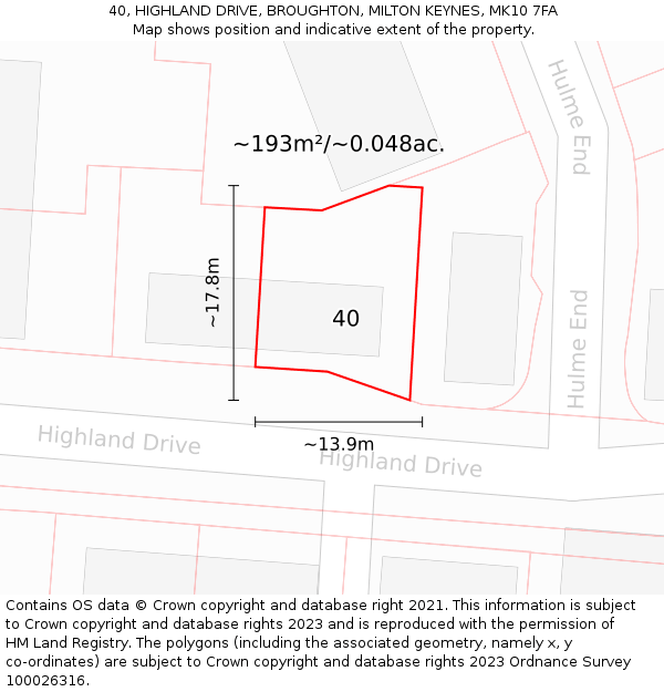 40, HIGHLAND DRIVE, BROUGHTON, MILTON KEYNES, MK10 7FA: Plot and title map