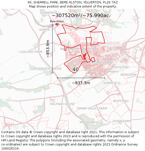40, SHERRELL PARK, BERE ALSTON, YELVERTON, PL20 7AZ: Plot and title map