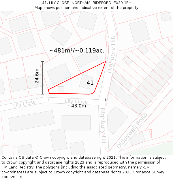 41, LILY CLOSE, NORTHAM, BIDEFORD, EX39 1EH: Plot and title map