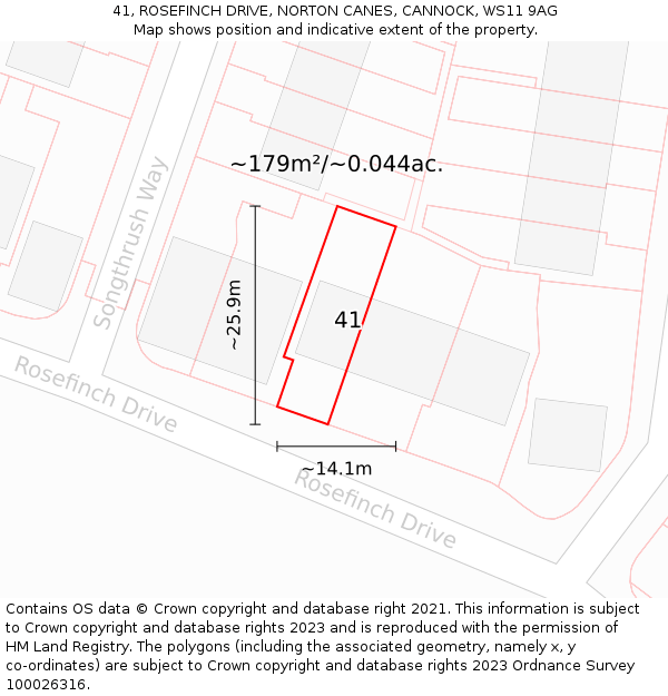 41, ROSEFINCH DRIVE, NORTON CANES, CANNOCK, WS11 9AG: Plot and title map