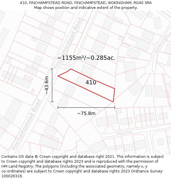 410, FINCHAMPSTEAD ROAD, FINCHAMPSTEAD, WOKINGHAM, RG40 3RA: Plot and title map